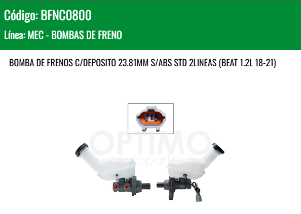 Imagen de BFNC0800 CILINDRO MAESTRO DE FRENOS CHEVROLET SPARK 1.2L L4 11-17 BEAT 1.2L L4 18-21 23.81MM STD S/ABS