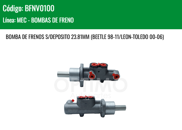 Imagen de BFNV0100 CILINDRO MAESTRO DE FRENO VOLKSWAGEN GOLF JETTA A4 1.8L 2.0L L4 99-07 BEETLE 98-11 SEAT TOLEDO-LEON 00-06 23.81MM