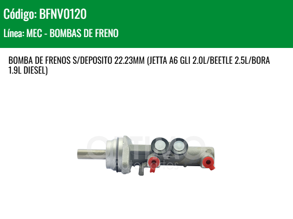 Imagen de BFNV0120 CILINDRO MAESTRO DE FRENOS VOLKSWAGEN JETTA A6 BICENTENARIO 2.5L L5 10-18 22.23MM