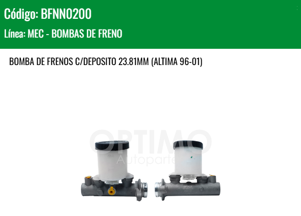 Imagen de BFNN0200 CILINDRO MAESTRO DE FRENOS NISSAN D21 2.4L L4 2WD 4WD 94-07 ALTIMA 2.4L L4 96-01 23.81MM DEPOSITO REDONDO