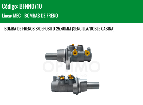 Imagen de BFNN0710 CILINDRO MAESTRO DE FRENOS NISSAN NP300 D23 2.5L L4 2WD 4WD 16-25 25.40MM