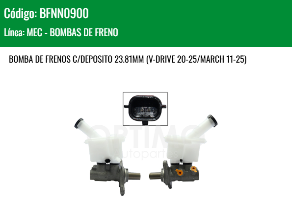Imagen de BFNN0900 CILINDRO MAESTRO DE FRENOS NISSAN VERSA 1.6L L4 04-19 V-DRIVE 20-25 MARCH 11-25 23.81MM