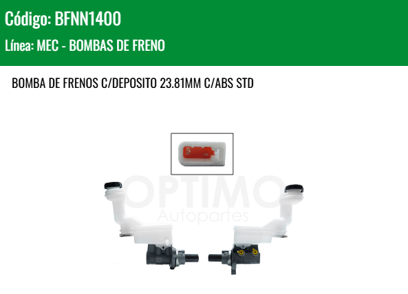Imagen de BFNN1400 CILINDRO MAESTRO DE FRENOS NISSAN SENTRA B16 2.0L 2.5L 07-12 C/ABS STD 23.81MM