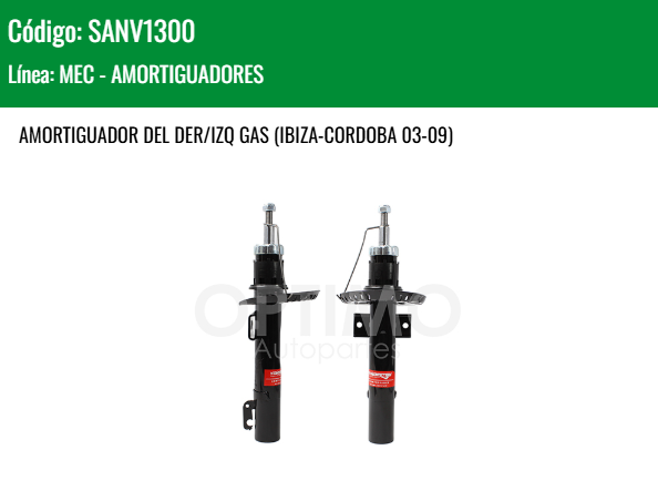 Imagen de SANV1300 AMORTIGUADOR DELANTERO DER/IZQ GAS VOLKSWAGEN LUPO POLO 1.6L 2.0L 03-09 SEAT IBIZA-CORDOBA 03-09
