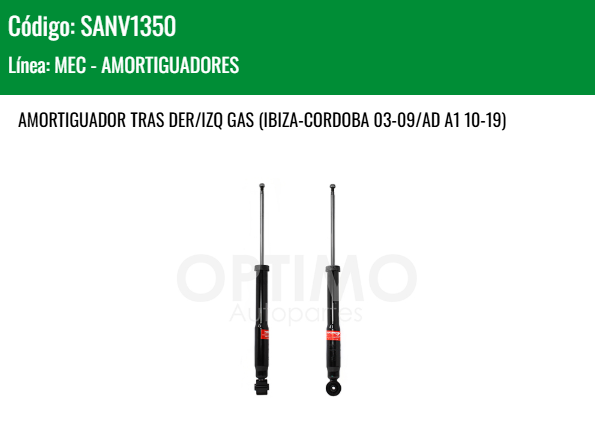 Imagen de SANV1350 AMORTIGUADOR TRASERO DER/IZQ GAS VOLKSWAGEN LUPO POLO 1.6L 2.0L 03-09 SEAT IBIZA-CORDOBA 03-09