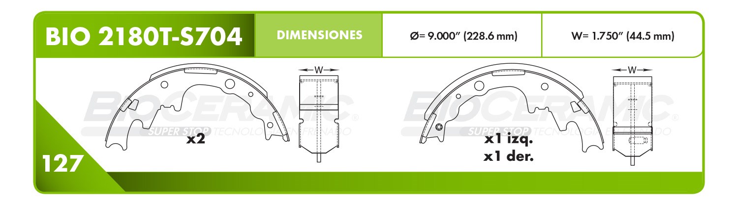 Imagen de BIO2180T-S704 BALATA FRENO DE TAMBOR TRASERA FORD RANGER 05-09 MAZDA B2500 98 B3000 95-98 B4000 95-98 TAMBOR 9"
