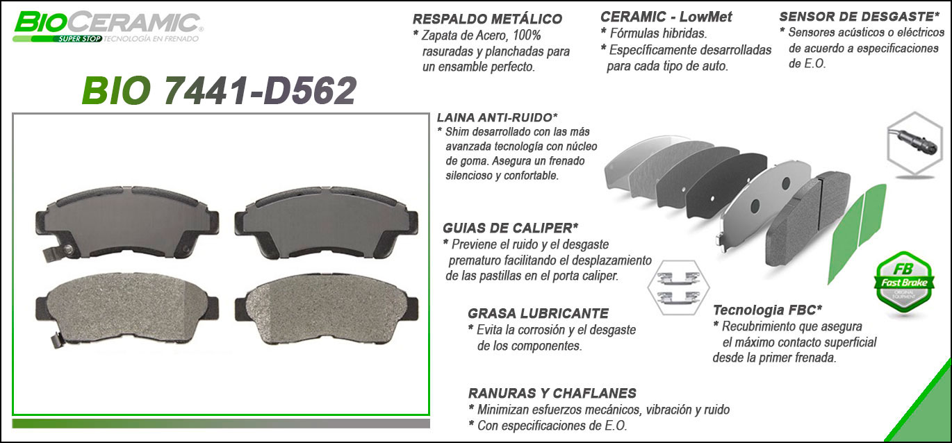 Imagen de BIO-7441-D562 BALATA FRENO DE DISCO DELANTERA TOYOTA CAMRY 92-01 - CELICA 94-98 - COROLLA 93-98 - RAV4 96-00, imagen 2