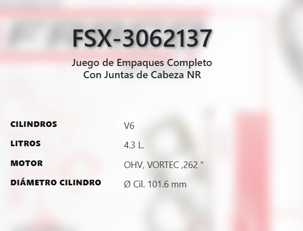 Imagen de FSX-3062137 JUEGO DE EMPAQUES CHEVROLET ASTRO 4.3L V6 OHV VORTEC 262 12V 94-95 S10 BLAZER 4.3L V6 OHV VORTEC 262 12V 94-95