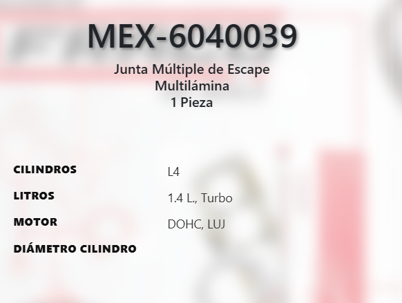 Imagen de MEX-6040039 EMPAQUE MULTIPLE DE ESCAPE BUICK ENCORE 1.4L L4 TURBO DOHC LUV 16V 12-17 CRUZE LIMITED 1.4L L4 TURBO DOHC LUV 16V 11-16 SONIC 1.4L L4 TURBO DOHC LUV 16V 12-17 TRAX 1.4L L4 TURBO DOHC LUV 16V 13-17