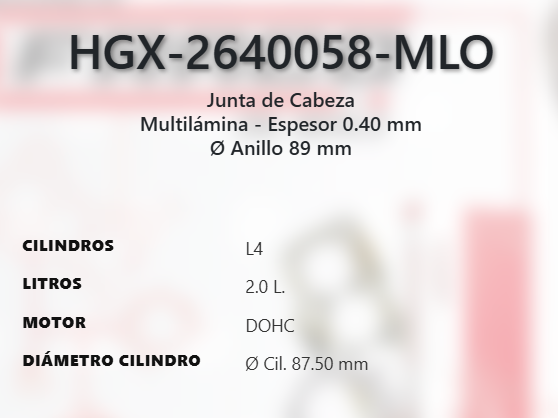 Imagen de HGX-2640058ML EMPAQUE DE CABEZA LAMINADO FORD FOCUS 2.0L L4 DOHC 16V 12-17