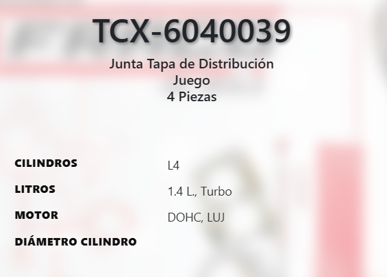 Imagen de TCX-6040039 EMPAQUE TAPA DISTRIBUCION BUICK ENCORE 1.4L L4 TURBO DOHC LUV 16V 12-17 CRUZE LIMITED 1.4L L4 TURBO DOHC LUV 16V 11-16 SONIC 1.4L L4 TURBO DOHC LUV 16V 12-17 TRAX 1.4L L4 TURBO DOHC LUV 16V 13-17