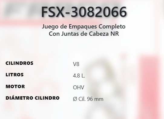 Imagen de FSX-3082066 JUEGO DE EMPAQUES CHEVROLET SILVERADO 1500 4.8L 5.3L V8 OHV 16V 02-07