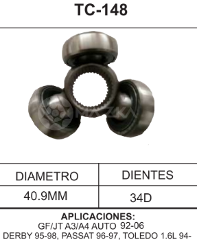 Imagen de TC-148 TRIPOIDE VOLKSWAGEN GOLF A3 92-06 JETTA A4 AUT. 92-06 DERBY 95-98 PASSAT 96-97 SEAT TOLEDO 1.6L 94- DIAM. TAZA 40.9MM 34D