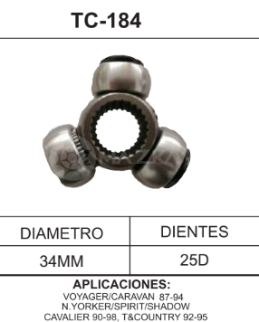 Imagen de TC-184 TRIPOIDE CHRYSLER VOYAGER/CARAVAN 87-94 NEW YORKER/SPIRIT/SHADOW CHEVROLET CAVALIER 90-98 CHRYSLER TOWN COUNTRY 92-95 DIAM. TAZA 34MM 25D
