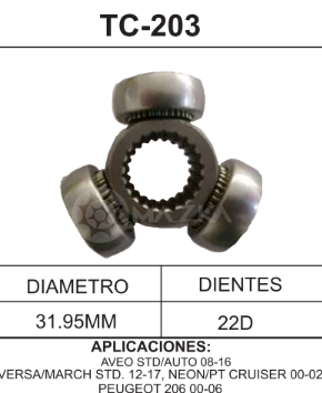 Imagen de TC-203 TRIPOIDE CHEVROLET AVEO STD/AUT. 08-16 NISSAN VERSA/MARCH STD 12-17 DODGE NEON/PT CRUISER 00-02 PEUGEOT 206 00-06 DIAM. TAZA 31.95MM 22D