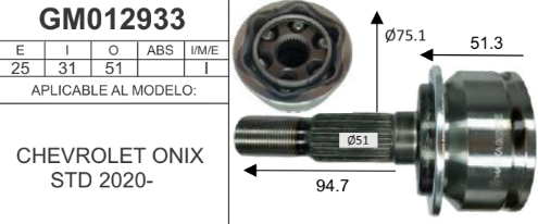 Imagen de GM012933 BALERO ESPIGA LADO RUEDA S/ABS CHEVROLET ONIX 20- STD INT 31D EXT 25D