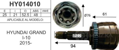 Imagen de HY014010 BALERO ESPIGA LADO RUEDA DER/IZQ HYUNDAI GRAND I10 1.2L 1.3L C/ABS 15-20 INT 21D EXT 25D TRANSM. AUT-STD