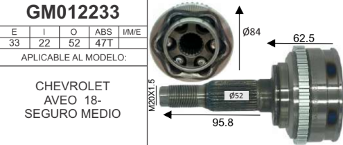 Imagen de GM012233 BALERO ESPIGA LADO RUEDA C/ABS SEGURO EN MEDIO CHEVROLET AVEO AUT. CAVALIER AUT.1.5L L4 18- INT 22D EXT 33D