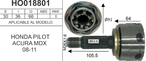 Imagen de HO018801 BALERO ESPIGA LADO RUEDA S/ABS ACURA RDX AUT. 2.3L L4 07-12 HONDA PILOT 09-12 INT 36D EXT 30D