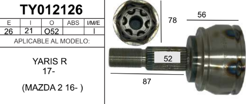Imagen de TY012126 BALERO ESPIGA LADO RUEDA S/ABS MAZDA 2 16- TOYOTA YARIS R 17- INT 21D EXT 26D