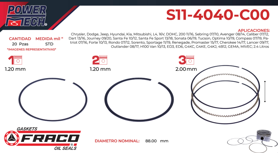 Imagen de S11-4040-C30 ANILLOS PARA MOTOR 030 DODGE AVENGER 2.4L L4 08-14 CALIBER 2.4L L407-12  DART 2.4L L4 13-16 H100 2.4L L4 12-14 JOURNEY 2.4L L4 09-15 PROMASTER CITY 2.4L L4 2015 HYUNDAI SANTA FE 2.4L L4 10-15 SONATA 2.4L L4 06-14 KIA SORENTO 2.4L L4 11-13 SPORTAGE 2.4L L4 11-13
