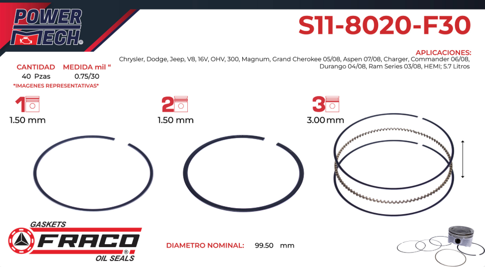 Imagen de S11-8020-F30 ANILLOS PARA MOTOR 030 DODGE RAM 4000 5.7L V8 2005 JEEP COMMANDER 5.7L V8 06-08 GRAND CHEROKEE 5.7L V8 05-09