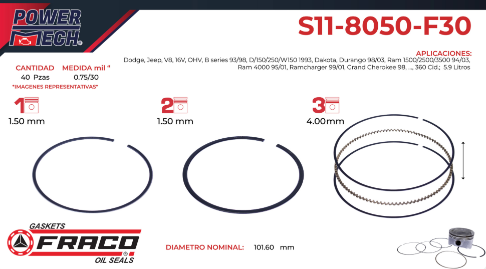Imagen de S11-8050-F30 ANILLOS PARA MOTOR 030 DODGE DAKOTA 5.9L V8 360 98-03 DURANGO 5.9L V8 360 98-03 FORD E-150 5.0L V8 87-96 EXPLORER 5.0L V8 96-01
