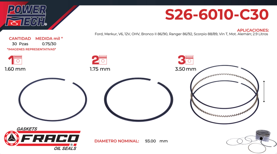 Imagen de S26-6010-C30 ANILLOS PARA MOTOR 030 FORD BRONCO 2.9L V6 86-90 RANGER 2.9L V6 86-92