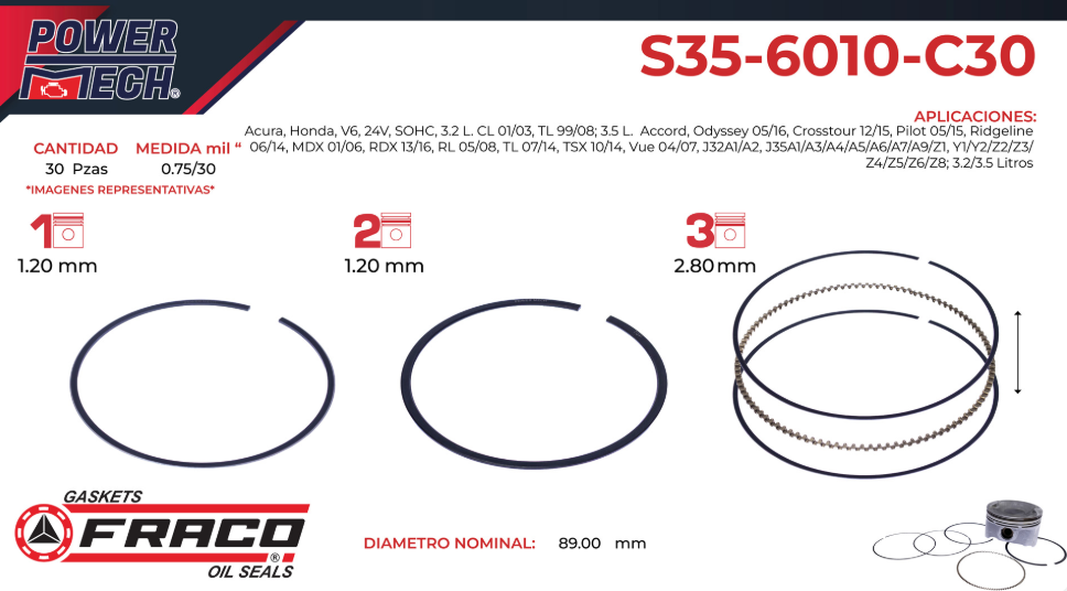 Imagen de S35-6010-C30 ANILLOS PARA MOTOR 030 HONDA ACCORD 3.5L V6 08-16 ODYSSEY 3.5L V6 05-16 PILOT 3.5L V6 03-15 RIDGELINE 3.5L V6 06-14