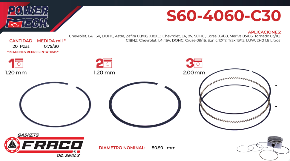 Imagen de S60-4060-C30 ANILLOS PARA MOTOR 030 CHEVROLET ASTRA 1.8L L4 08-09 CORSA 1.8L L4 03-08 CRUZE 1.8L L4 10-15 SONIC 1.8L L4 12-15
