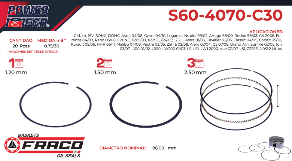 Imagen de S60-4070-C30 ANILLOS PARA MOTOR 030 CHEVROLET ASTRA 2.2L L4 01-02 CAVALIER 2.2L L4 02-05 LUV 2.2L L4 03-05 MALIBU 2.2L L4 04-08