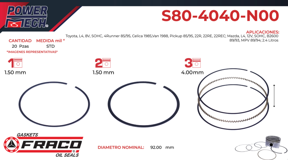 Imagen de S80-4040-N00 ANILLOS PARA MOTOR STD MAZDA B2600 2.6L L4 89-93 TOYOTA PICK UP 2.4L L4 85-95 4RUNNER 2.4L L4 85-95
