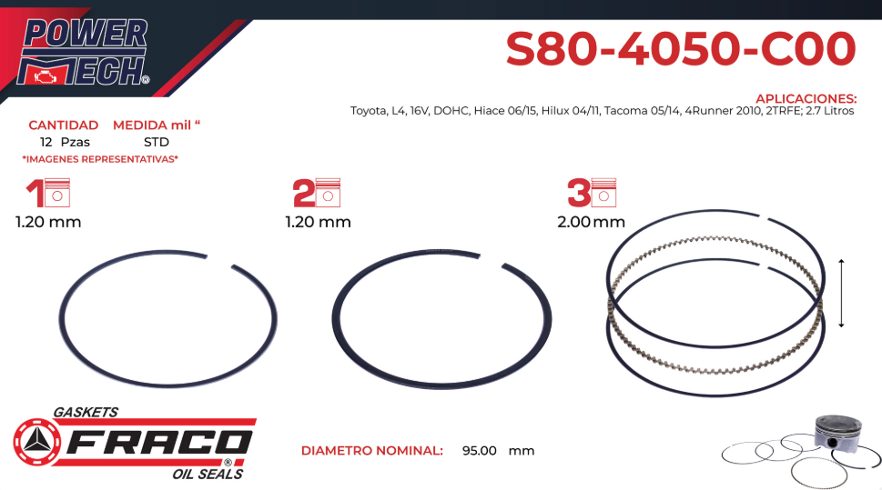 Imagen de S80-4050-C00 ANILLOS PARA MOTOR STD TOYOTA 4RUNNER 2.7L L4 2010 HIACE 2.7L L4 06-14 HILUX 2.7L L4 04-15 TACOMA 2.7L L4 05-15