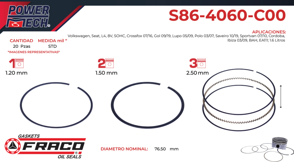 Imagen de S86-4060-C00 ANILLOS PARA MOTOR STD VOLKSWAGEN CROSSFOX 1.6L L4 07-11 GOL 1.6L L4 09-12 LUPO 1.6L L4 05-09