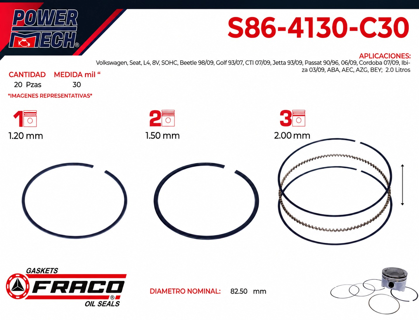 Imagen de S86-4130-C30 ANILLOS PARA MOTOR 030 VOLKSWAGEN GOLF 2.0L L4 93-07 JETTA 2.0L L4 93-09 PASSAT 2.0L L4 90-96,06-09
