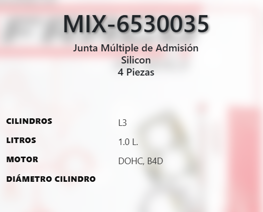 Imagen de MIX-6530035 EMPAQUE MULTIPLE DE ADMISION RENAULTI KWID 1.0L L3 DOHC B4D 12V 19-22
