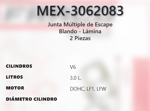 Imagen de MEX-3062083 EMPAQUE MULTIPLE DE ESCAPE CHEVROLET CAMARO 3.6L V6 DOHC LLT LFX 24V 12-15 COLORADO 3.6L V6 DOHC LLT LFX 24V 15-16 CAPTIVA SPORT 3.0L V6 DOHC LF1 LFW 24V 10-15
