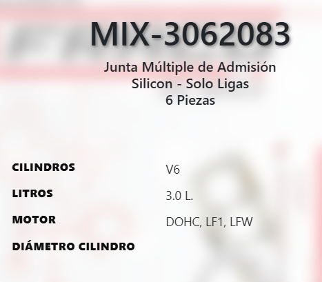 Imagen de MIX-3062083 EMPAQUE MULTIPLE DE ADMISION CHEVROLET CAMARO 3.6L V6 DOHC LLT LFX 24V 12-15 COLORADO 3.6L V6 DOHC LLT LFX 24V 15-16 CAPTIVA SPORT 3.0L V6 DOHC LF1 LFW 24V 10-15