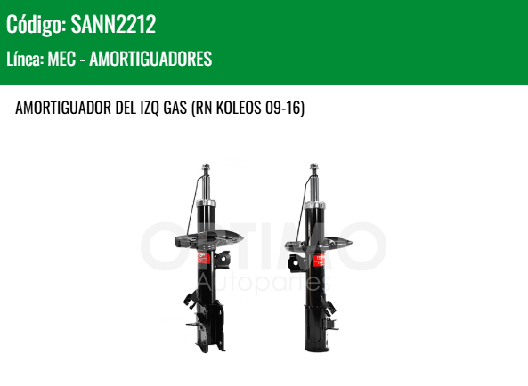 Imagen de SANN2212 AMORTIGUADOR DELANTERO IZQUIERDO GAS NISSAN X-TRAIL 2.5L 08-14 RENAULT KOLEOS 09-16