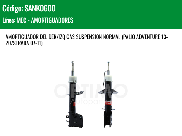 Imagen de SANK0600 AMORTIGUADOR DELANTERO DER/IZQ GAS SUSPENSION NORMAL DODGE RAM 700 1.6L 15-20 FIAT PALIO ADVENTURE 13-20 STRADA 07-11