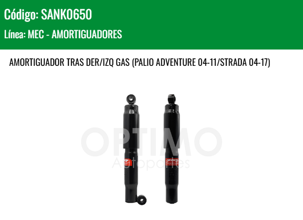 Imagen de SANK0650 AMORTIGUADOR TRASERO DER/IZQ GAS SUSPENSION NORMAL DODGE RAM 700 1.6L 15-20 FIAT PALIO ADVENTURE 13-20 STRADA 07-11