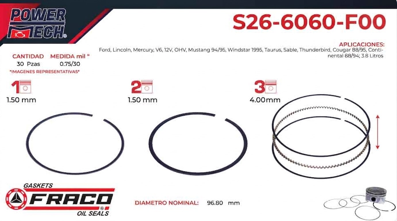 Imagen de S26-6060-F00 ANILLOS PARA MOTOR STD FORD MUSTANG 3.8L V6 94-95 TAURUS 3.8L V6 88-95 THUNDERBIRD 3.8L V6 88-95