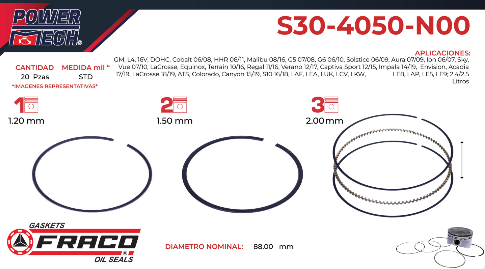 Imagen de S30-4050-N00 ANILLOS PARA MOTOR STD CHEVROLET CAPTIVA SPORT 2.4L L4 08-10 COBALT 2.4L L4 08-10 HHR 2.4L L4 06-09 MALIBU 2.4L L4 08-12 2.5L L4 13-16 S10 2.5L L4 16-18