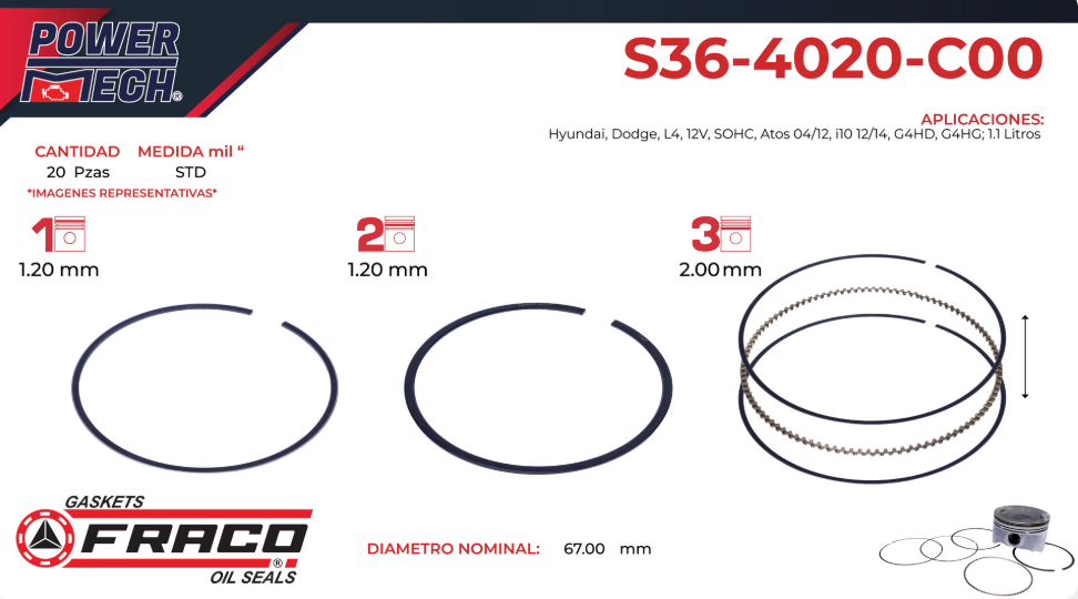 Imagen de S36-4020-C00 ANILLOS PARA MOTOR STD DODGE ATOS 1.1L L4 04-12 I10 1.1L L4 12-14