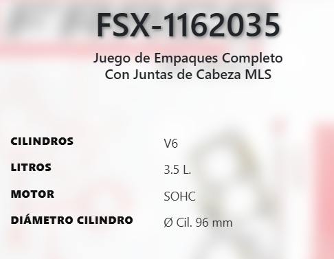 Imagen de FSX-1162035 JUEGO DE EMPAQUES CHRYSLER 300M 3.5L V6 SOHC 24V 99-04 CONCORDE 3.5L V6 SOHC 24V 02-04 DODGE INTREPID 3.5L V6 SOHC 24V 00-04