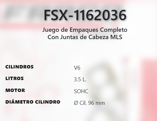 Imagen de FSX-1162036 JUEGO DE EMPAQUES CHRYSLER 300 3.5L SOHC 24V 07-10 PACIFICA 4.0L V6 SOHC 24V 07-08