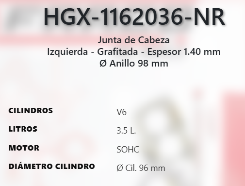 Imagen de HGX-1162036NR EMPAQUE CABEZA IZQUIERDO GRAFITO CHRYSLER 300M 3.5L V6 SOHC 24V 99-04 300 3.5L V6 SOHC 24V 05-10 PACIFICA 3.5L V6 SOHC 24V 04-06 4.0L V6 SOHC 24V 07-08