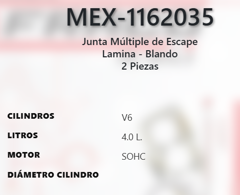Imagen de MEX-1162035 EMPAQUE MULTIPLE ESCAPE CHRYSLER 300M 3.5L V6 SOHC 24V 99-04 300 3.5L V6 SOHC 24V 05-10 PACIFICA 3.5L V6 SOHC 24V 04-06 4.0L V6 SOHC 24V 07-08