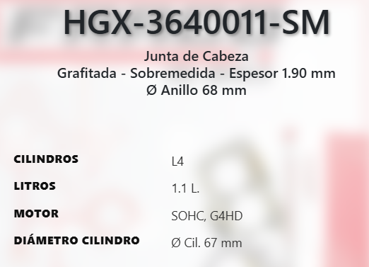 Imagen de HGX-3640011SM EMPAQUE DE CABEZA GRAFITO SOBREMEDIDA DODGE ATOS 1.1L L4 SOHC G4HD 12V 06-12