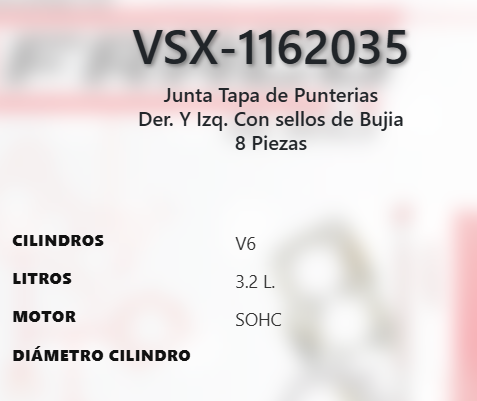 Imagen de VSX-1162035 EMPAQUE TAPA PUNTERIAS LIGA CHRYSLER 300M 3.5L V6 SOHC 24V 99-04 300 3.5L V6 SOHC 24V 05-10 PACIFICA 3.5L V6 SOHC 24V 04-06 4.0L V6 SOHC 24V 07-08